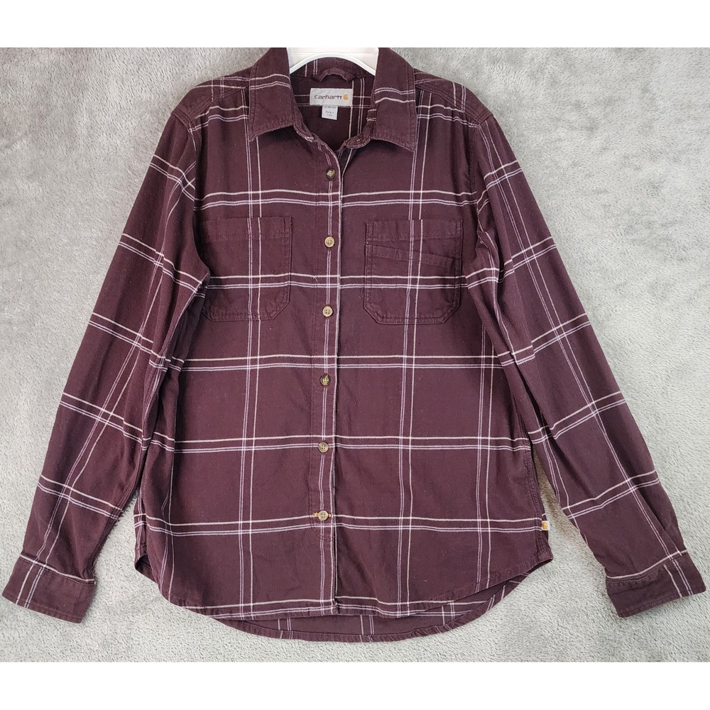 Carhartt Shirt Womens Medium Burgundy Windowpane Plaid Cotton Stretch Flannel